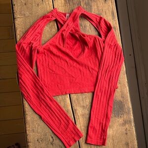 Red Ribbed Cut-Out Long Sleeve Top